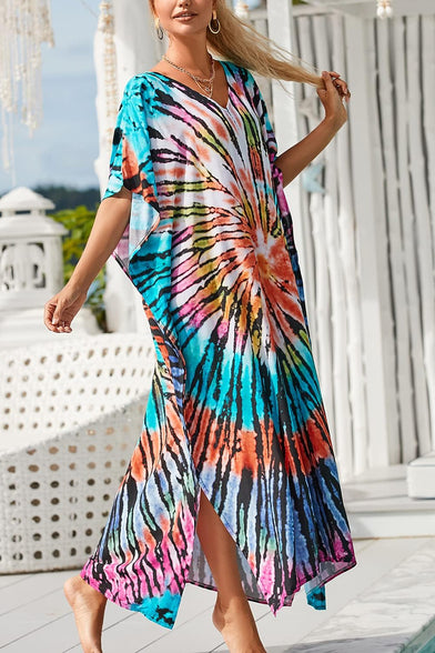 YouKD Maxi Dress V-Neck Kaftan Boho Robes Beach Cover-ups Dress Roomy Gowns for Women