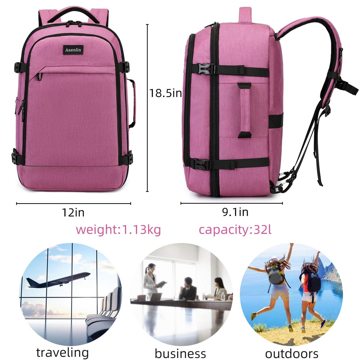 Asenlin 40L Travel Backpack for Women Men，17 Inch Laptop Backpack Flight Approved Luggage Carry On Water Resistant Computer Backpack for Weekender Overnight Large Daypack Pink