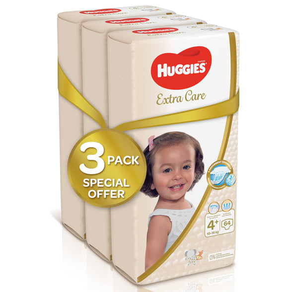 Huggies,Extra Care Baby Diapers,Diapers Size 4+(10-16kg),Super Mega Pack of 192 Diapers,Absorbent Channels and Strechy Waistband,12h Day & Night Protection,Free from Nasties