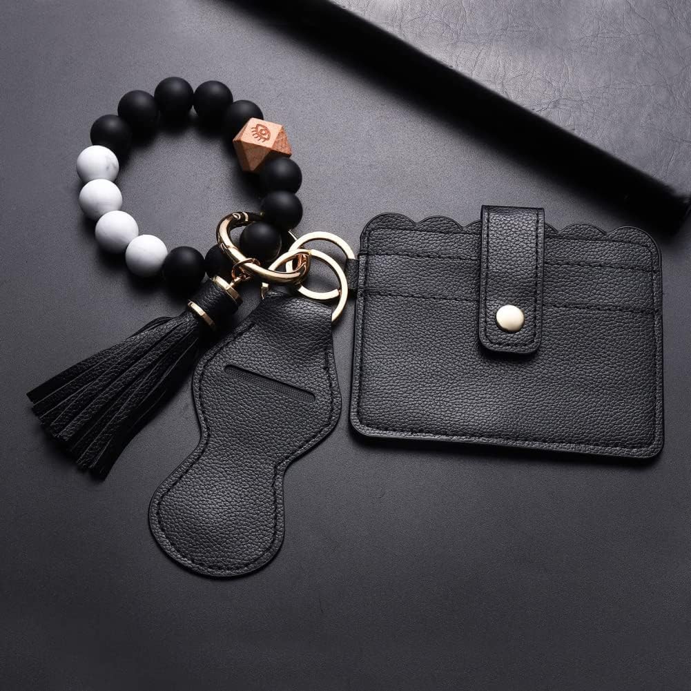 Goodern Wristlet Keychain Bracelet Wallet Leather Tassel Keychains,Silicone Beaded Key Ring Bracelet with Card Holder,Keychain Wallet Car Keychain,Elastic Keychain Wristlet for Women Men-Black White