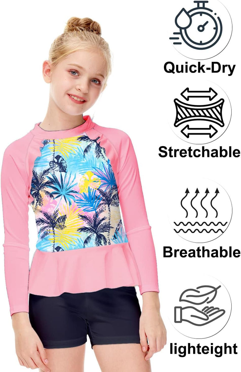 AOBUTE Girls Rash Guard Shirt Raglan Long Sleeve Ruffle Hem Swim Tops 3-12 Years