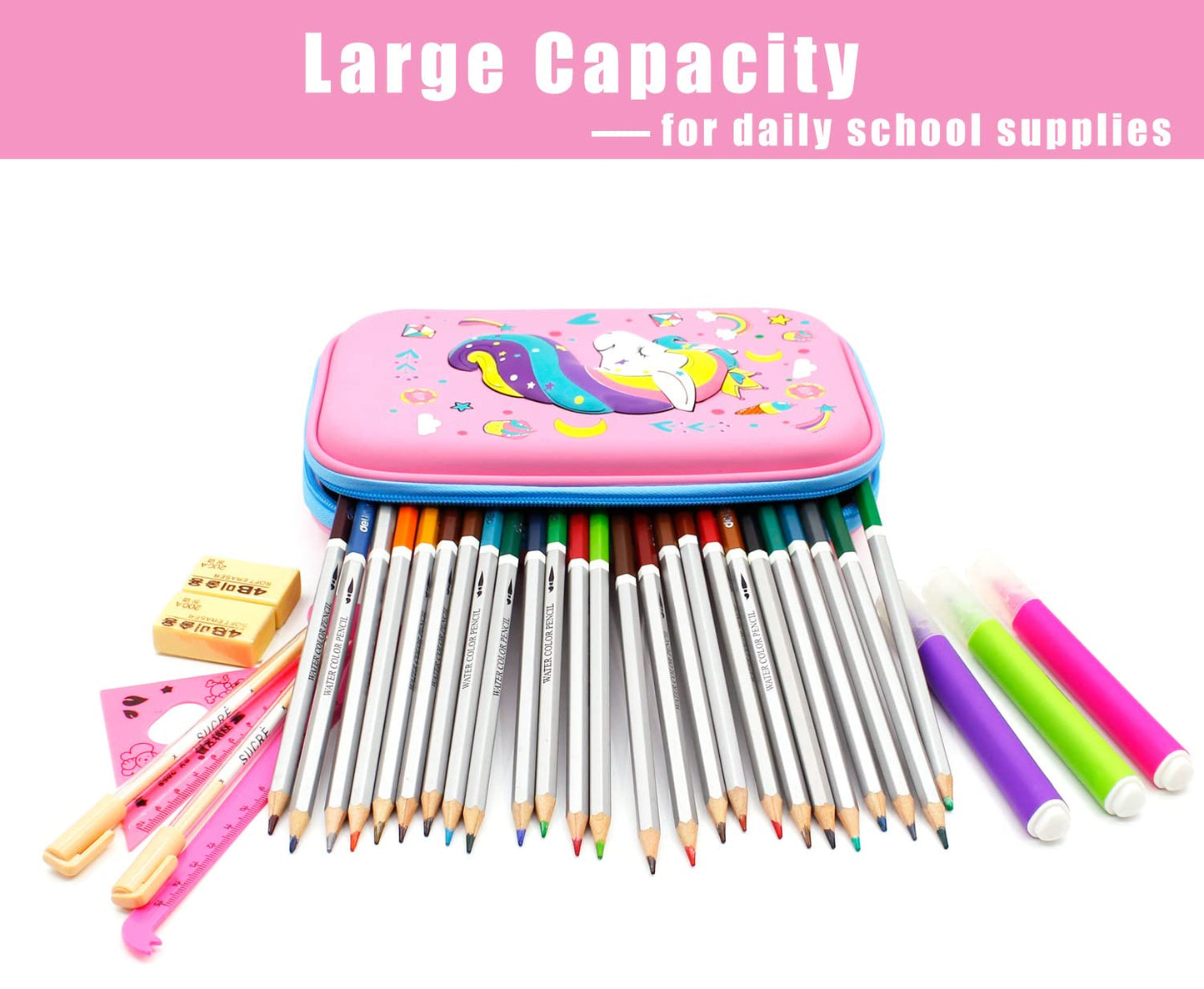 SOOCUTE Crown Unicorn Gifts for Girls - Cute Big Size Hardtop Pencil Case with Compartment - Kids School Supply Organizer Stationery Box Zipper Pouch (Light Pink)