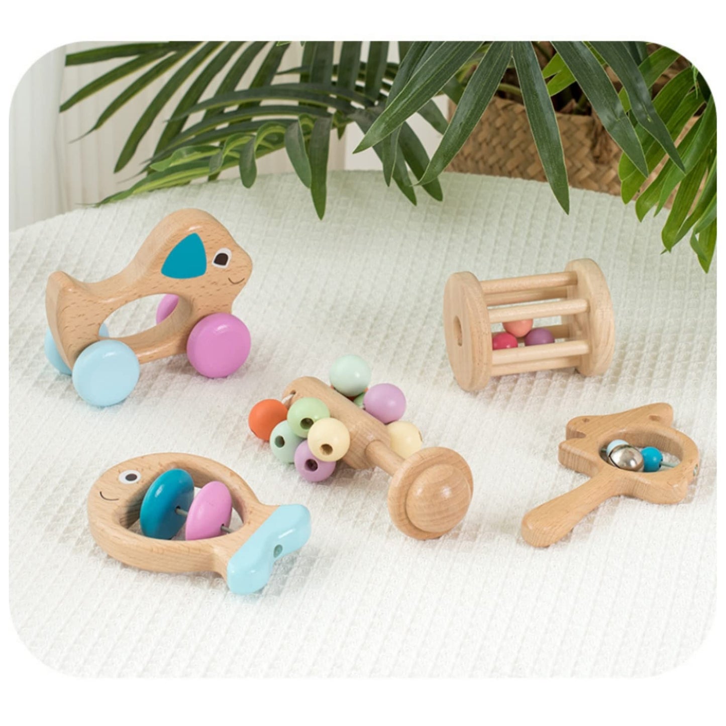 AM ANNA Wooden Rattle for Baby 0-6 months ,5 Pcs Wooden Baby Rattle Toy with Bells,Rolling Rattles,Montessori Wood Baby Dog for Newborns Infant Boys and Girls Gifts