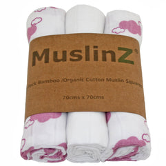 Muslinz 3pk Muslin Squares WHITE/PINK Cloud Print 70cms Bamboo-Organic Cotton, MUZBC-370CP