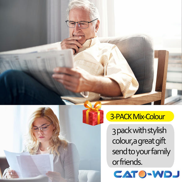 CATO 3-Pack Reading Glasses,Blue Light Blocking Computer Readers,Lightweight Eyeglasses with Spring Hinge(Mix colour)