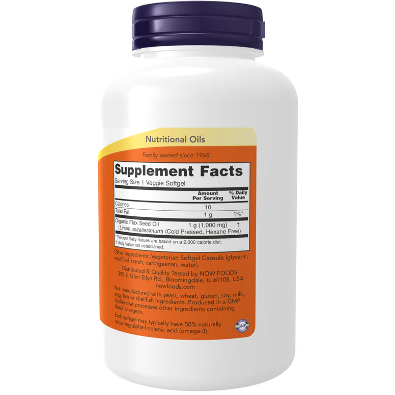 NOW Supplements, Flax Oil 1000 mg with Essential Omega-3s, Cold Pressed, Hexane Free, Vegan Formula, 120 Veg Softgels