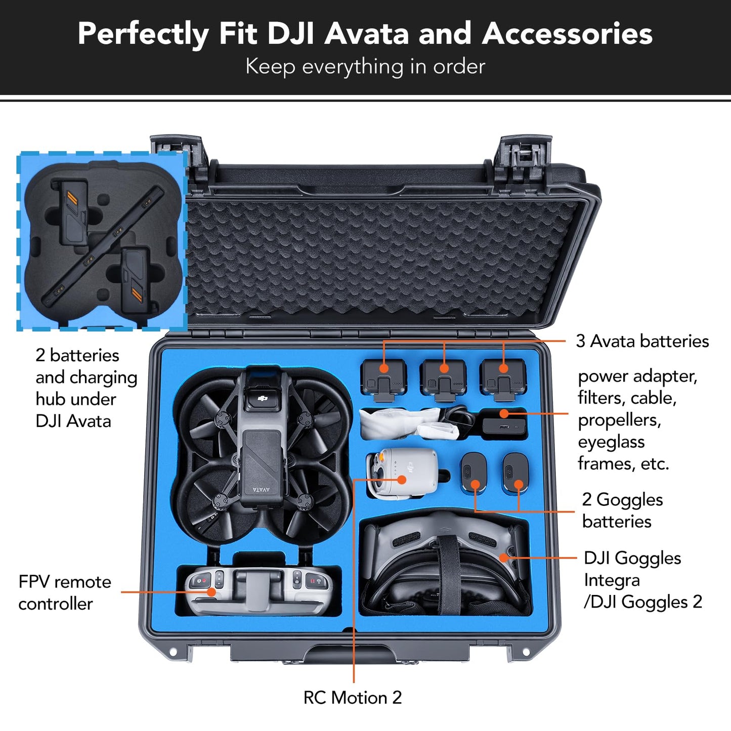 Lykus 2022 DJI Avata Case Titan AT110 Waterproof Hard Case for DJI Avata, Goggles 2, and FPV Remote Controller, Support up to 9 Avata batteries and 3 Goggles batteries