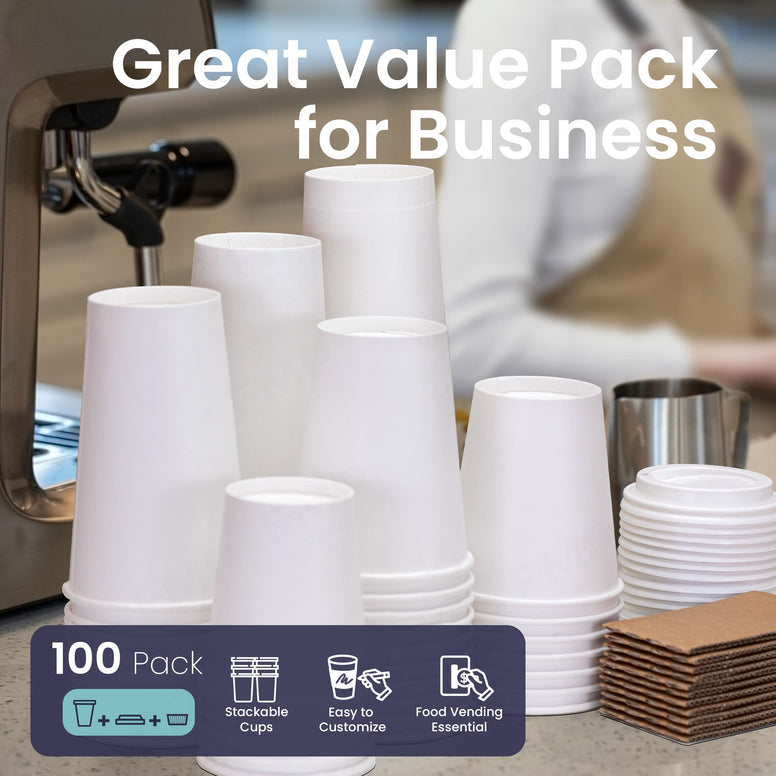 Fit Meal Prep White Coffee Cups with White Dome Lids and Brown Sleeves, 20oz Disposable Paper Coffee Cups, Take-Out Cups for Hot Chocolate, Tea and Other Drinks