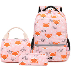 Unisex School Backpack Fox Backpack Water Resistant Lightweight Primary School bag Set with Lunch Bag & Pencil Case 3 in 1 Kids Bookbag Casual Daypack, Pink Fox, Children's Backpack