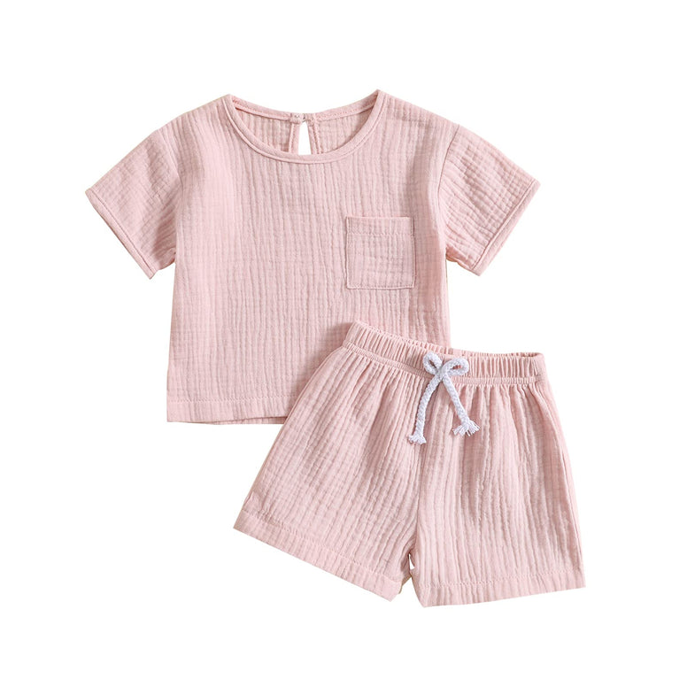 Toddler Baby Boy Girl Cotton Linen Outfit Short Sleeve T-Shirt Tops Elastic Shorts Set 2Pcs Casual Summer Clothes (0-6 Months)