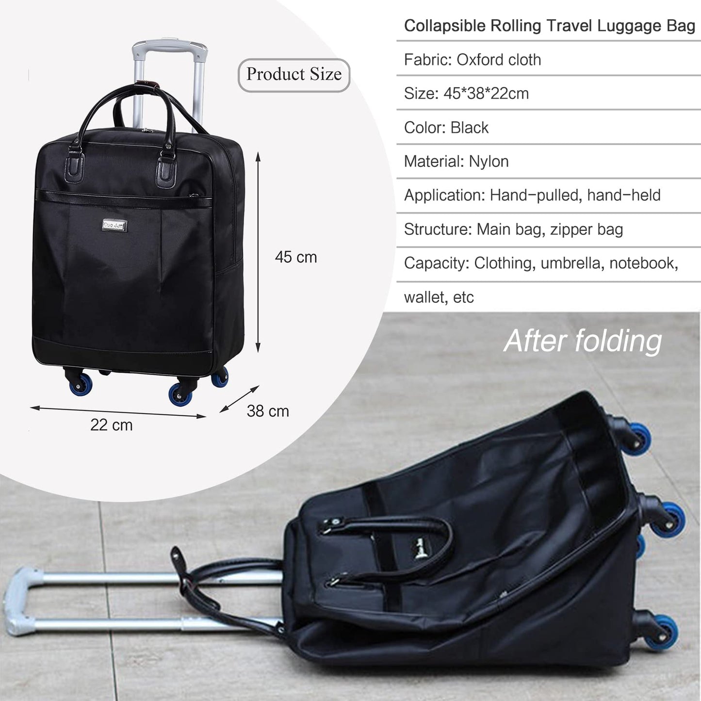 LYLYMYKHH Foldable Luggage Bag Suitcase Collapsible Rolling Travel Luggage Bag Duffel Bag with Wheels for Men Women Lightweight Luggage Suitcase for Short Trip Overnight Business Trave(Black-2)