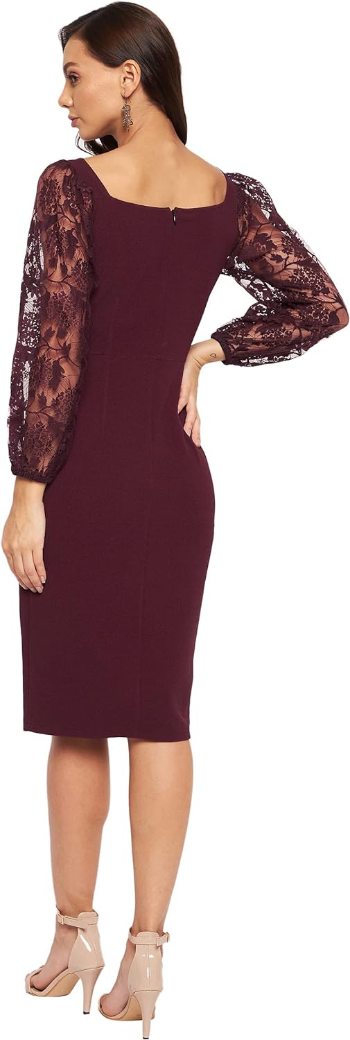 Miss Olive Women's Solid Bodycon Square Neck Full Sleeve Slim Fit Knee-Long Dress (MOSS22D14-99-184-05)