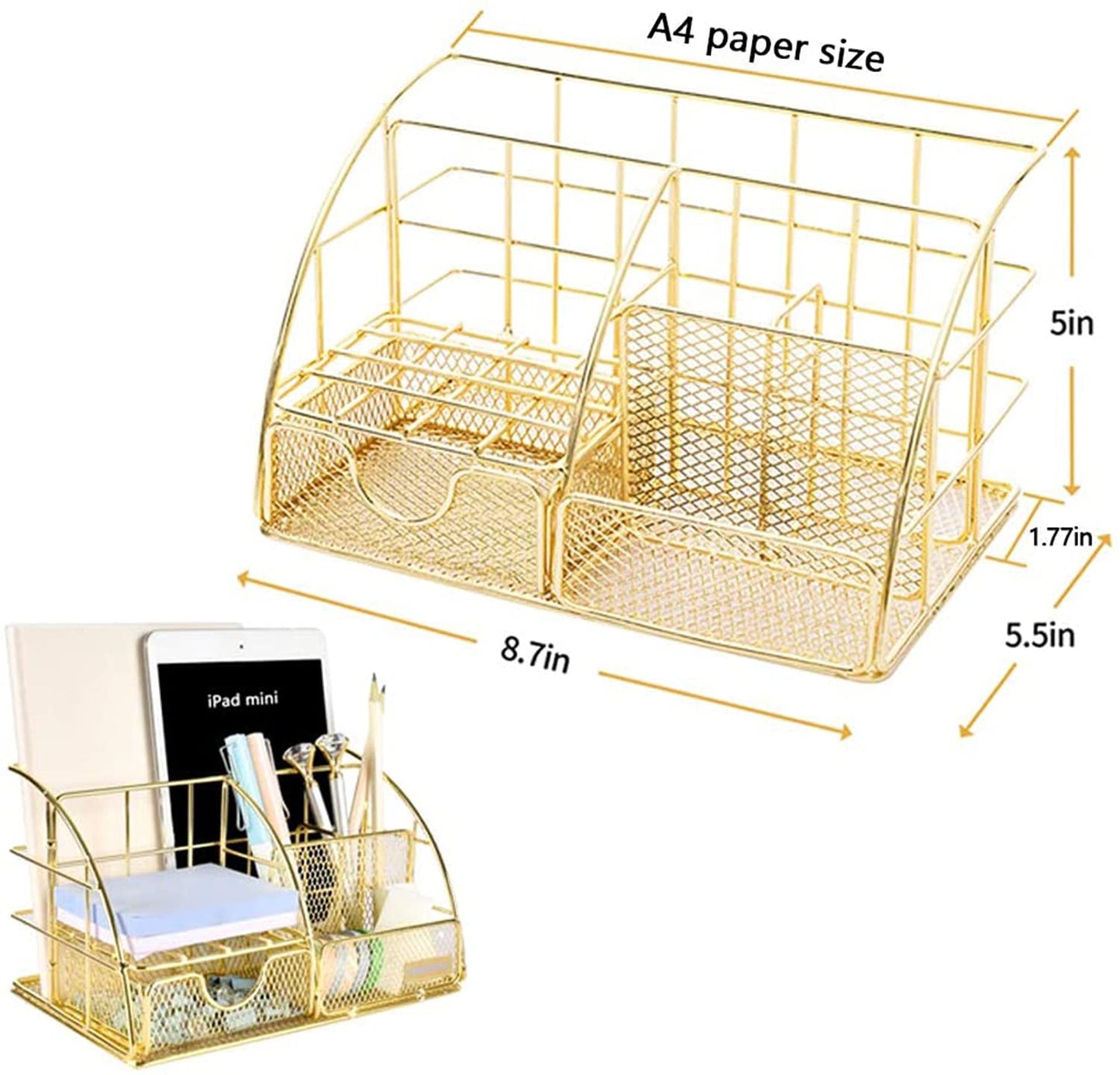 Desk Organizer, Mesh Office Supplies Desk Accessories, Features 5 Compartments + 1 Mini Sliding Drawer, All-in-one Office Supplies, Office Desk Organizers and Storage (Plating-Gold)