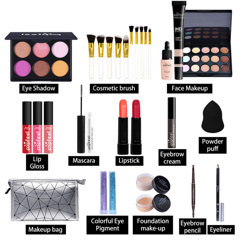Pure Vie All-in-One Holiday Gift Surprise Makeup Set Essential Starter Bundle Include Eyeshadow Palette Lipstick Concealer Blush Mascara Eyeliner Face Powder Lipgloss Brush - Full Makeup Kit for Women