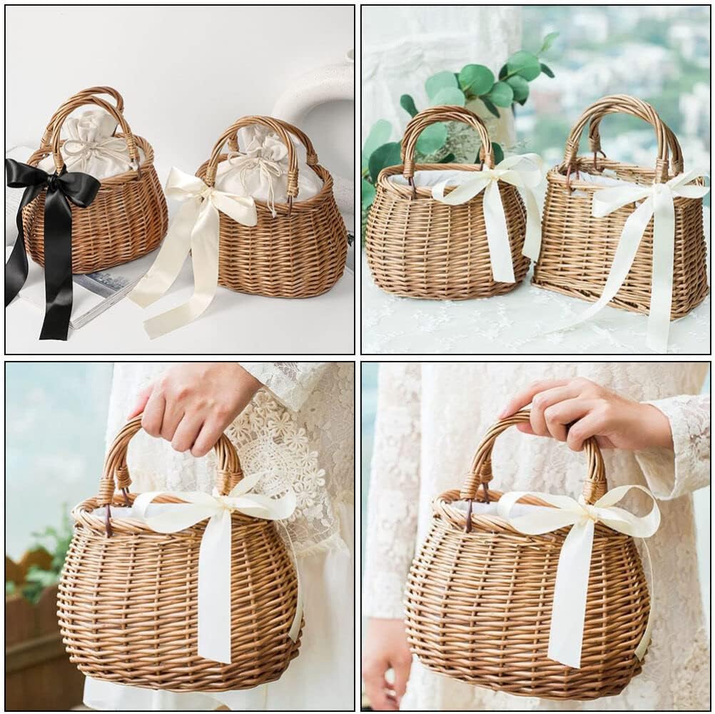 NOLITOY Picnic Basket Rattan Flower Basket, Handwoven Wicker Flower Candy Storage Basket with Handle for Picnic Wedding Home Garden Decoration Rattan Storage Basket