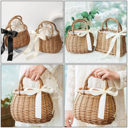 NOLITOY Picnic Basket Rattan Flower Basket, Handwoven Wicker Flower Candy Storage Basket with Handle for Picnic Wedding Home Garden Decoration Rattan Storage Basket