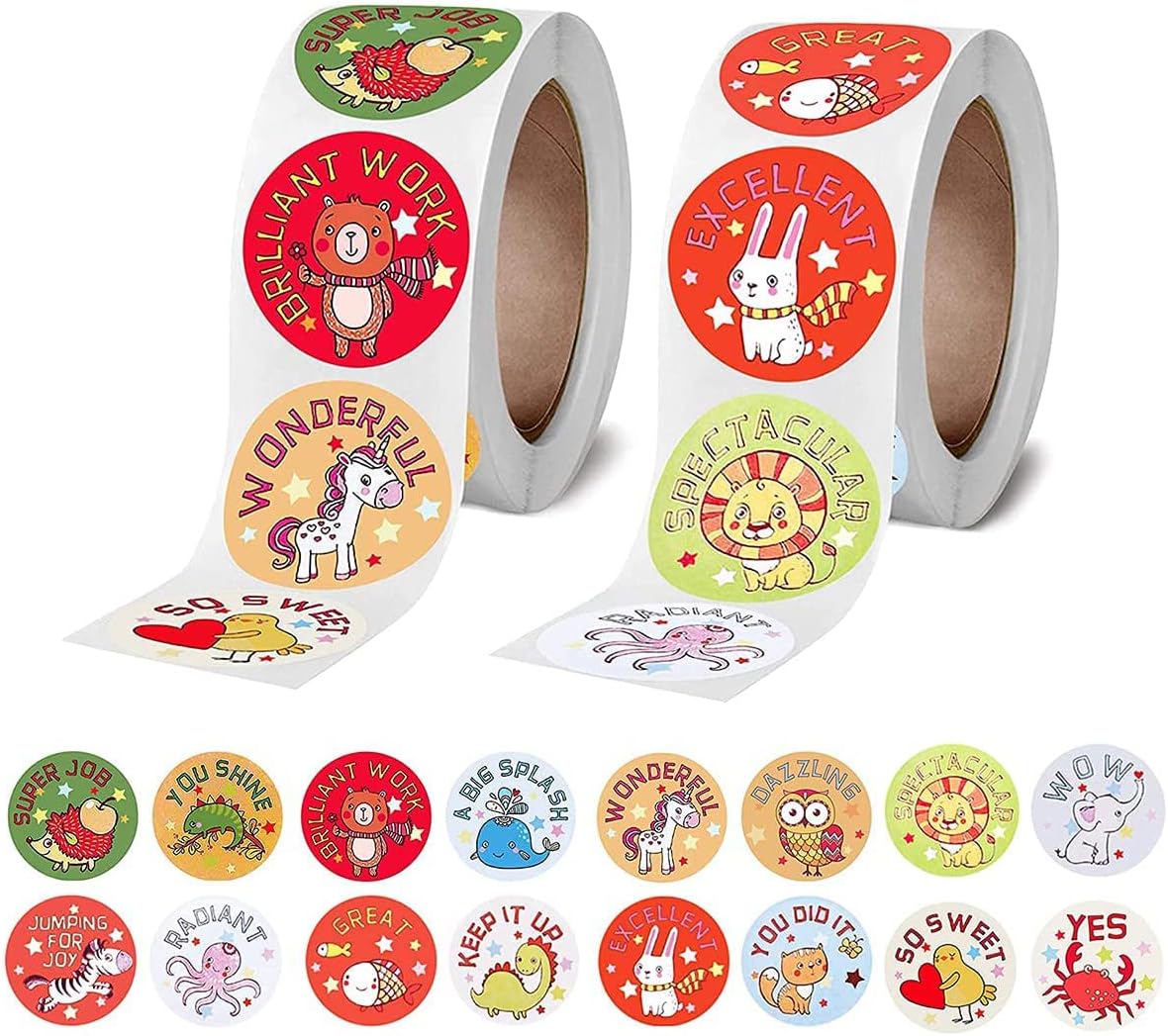 Motivational Reward Stickers, School Stickers Teacher Supplies Incentive Roll Sticker, 16 Designs Animal Stickers for Kids Teachers in Classroom and School, 1000 Pcs (1 Inch / 2 Rolls)