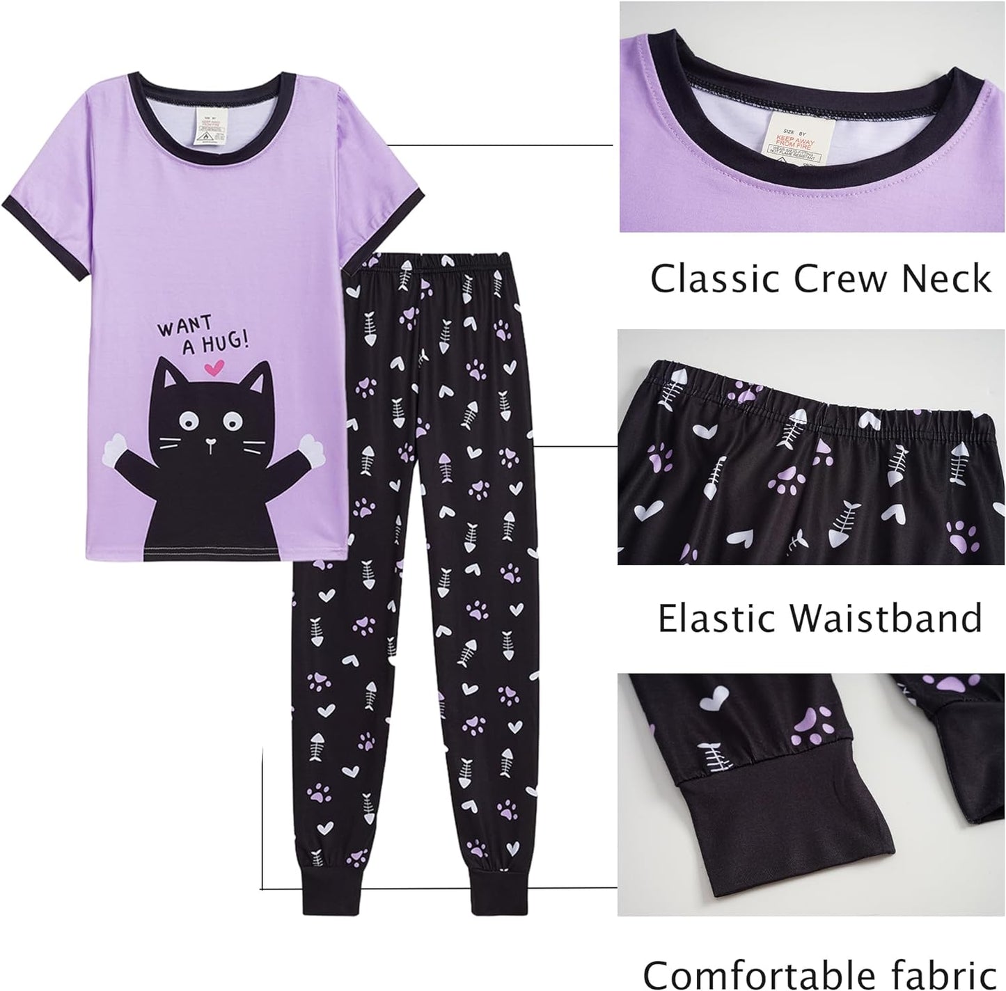 MyFav Babies, Toddlers and Girls' 4-Piece Snug Fit Cotton Pajama Set, Print Short Sleeve Loungewear