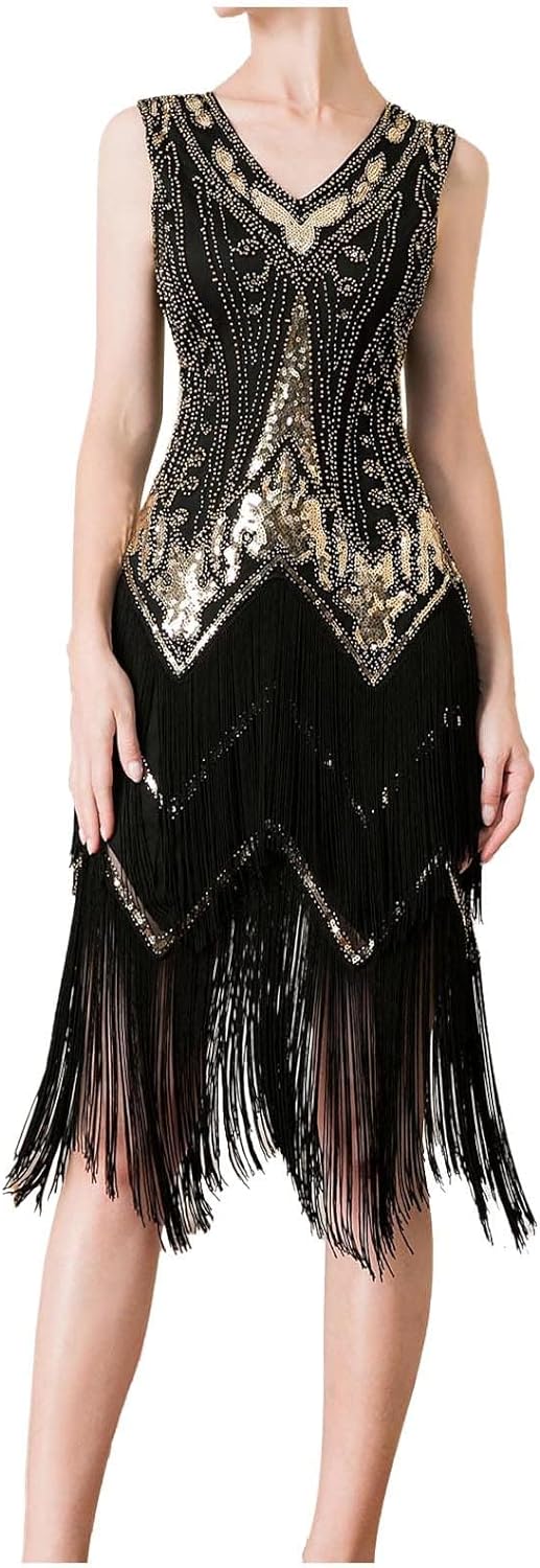 Great Gatsby 1920's Party Sequin Tassel Flapper Dress V Neck Vintage Beaded Evening Dress, Blackgold/M