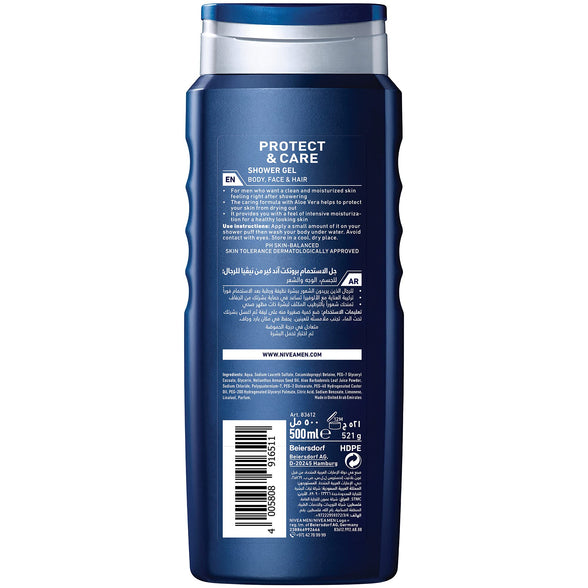 NIVEA MEN 3in1 Shower Gel Body Wash, Protect & Care Aloe Vera Masculine Scent, 500ml