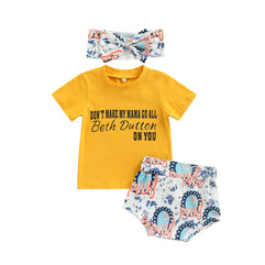 3Pcs/Set Baby Girl Letters Print Short Sleeve T-shirt Tops High Waist Pattern Shorts Headband Summer Outfits (0-6 Months)