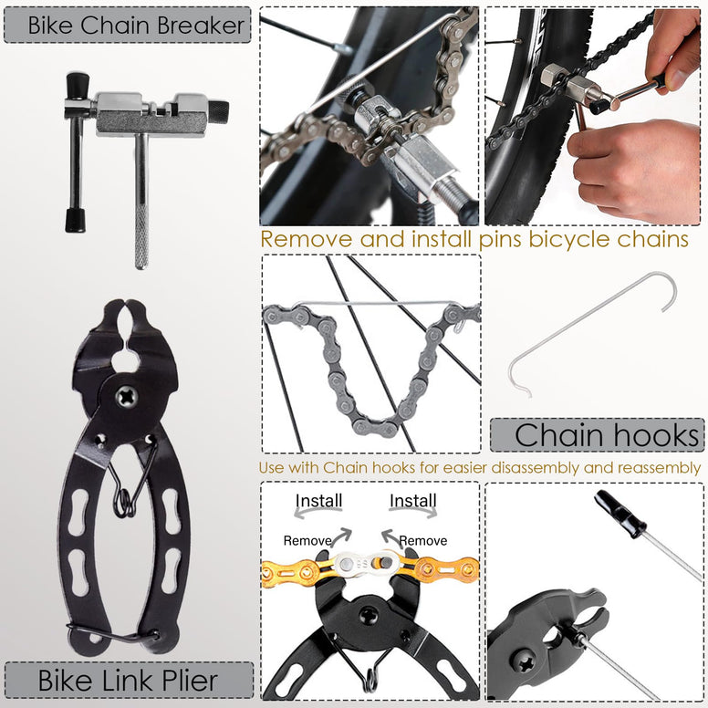 Bike Tool Kit,8 Professional Bicycle Repair Tools for Mountain Bike with 3-in-1 Cassette Remover Wrench Crank Puller Extractor Bottom Bracket Freewheel Remover Link Pliers Chain Breaker (8Pcs-Black)