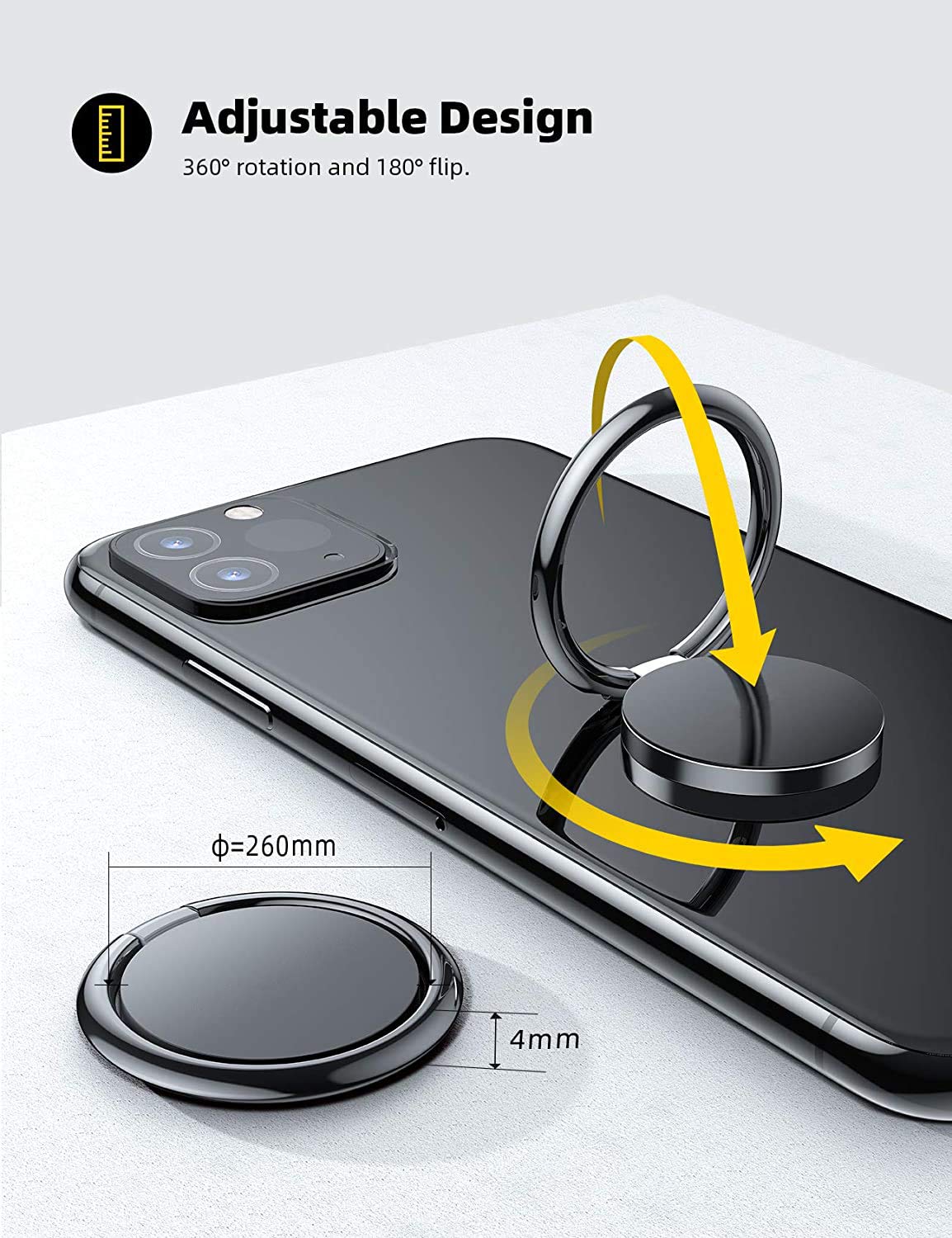 Cell Phone Ring Holder - 3M Adhesive Finger Kickstand 360° Rotating Mobile Hand Grip Compatible with Smartphones and Magnetic Car Mount Black Case