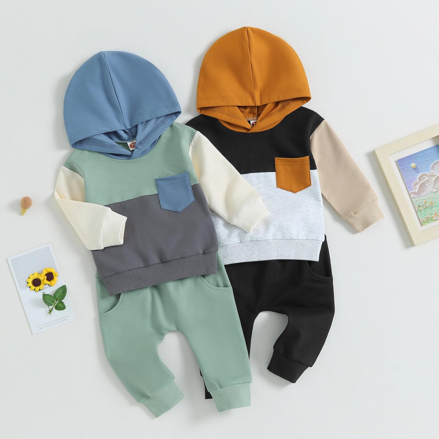 BeQeuewll Fall Winter Toddler Baby Boy Clothes 2Pcs Color Block Crewneck Sweatshirt and Sweatsuit Little Boy Clothing   0-6 Monts