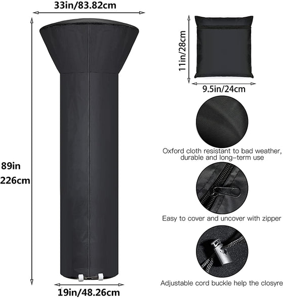 Patio Heater Cover Waterproof with Zipper and Storage Bag, Outdoor Heater Cover Has Dustproof, Wind-Resistant, UV-Resistant, Snow-Resistant Features for Patio Heater, 89”H x 33”D x 19”B