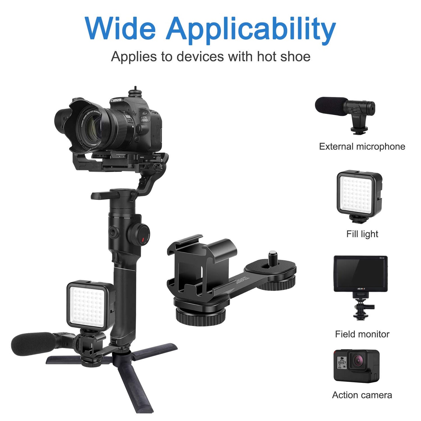 SZMDLX Triple Cold Shoe Camera Expansion Bracket Set with 1/4 inch Adapter, hot Shoe Adapter, Suitable for Camera, Microphone, LED Display, Video Recorder, Flash, Video Camera