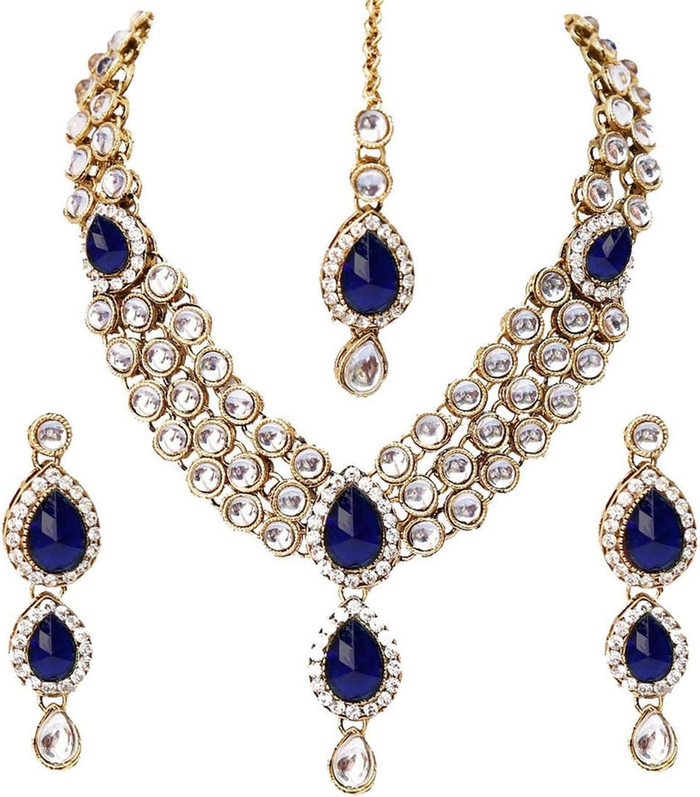 طقم مجوهرات شايننج ديفا كوندان مع أقراط للنساء (أزرق) (8408)