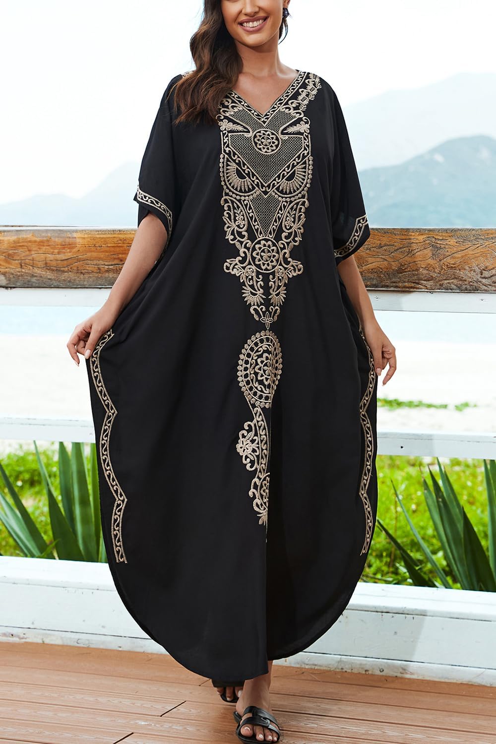 YouKD Embroidered Kaftan Dress Boho Beach Bikini Cover Up Robe Plus Size Loungewear for Women