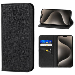 LANJLM iPhone 15 Pro Max Wallet Case Genuine Leather Antimagnetic Card Holder Flip Cover Shockproof iPhone 15 Pro Max Cases - Black