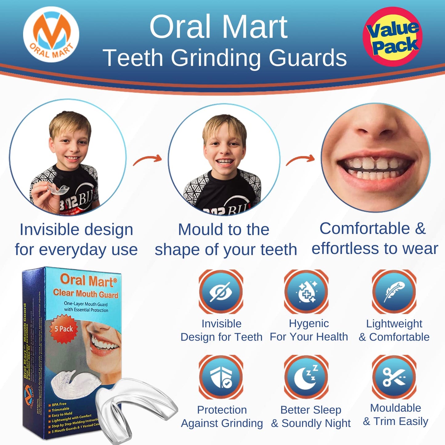 Oral Mart - Pack of 5 Clear Mouth Guards for Grinding Teeth - Moldable Anti Grinding Teeth Protector for Sleep - Clear Night Guard for Clenching Teeth, Whitening Tray (5 Pack, Adult Size)