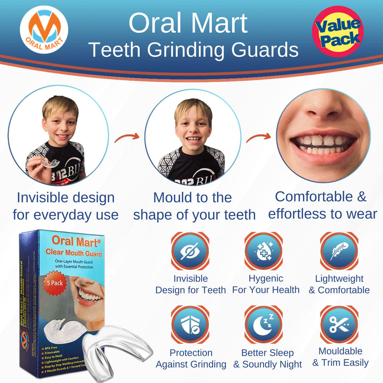 Oral Mart - Pack of 5 Clear Mouth Guards for Grinding Teeth - Moldable Anti Grinding Teeth Protector for Sleep - Clear Night Guard for Clenching Teeth, Whitening Tray (5 Pack, Adult Size)