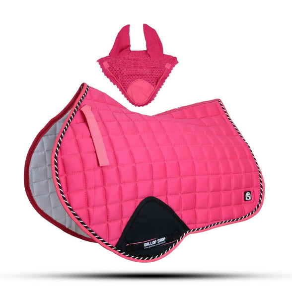 ZLYMO Saddle Pads Close Contact Jumping Saddle Cloth Numnah Fly Veil Horse Saddle Pad Set (Hot Pink)