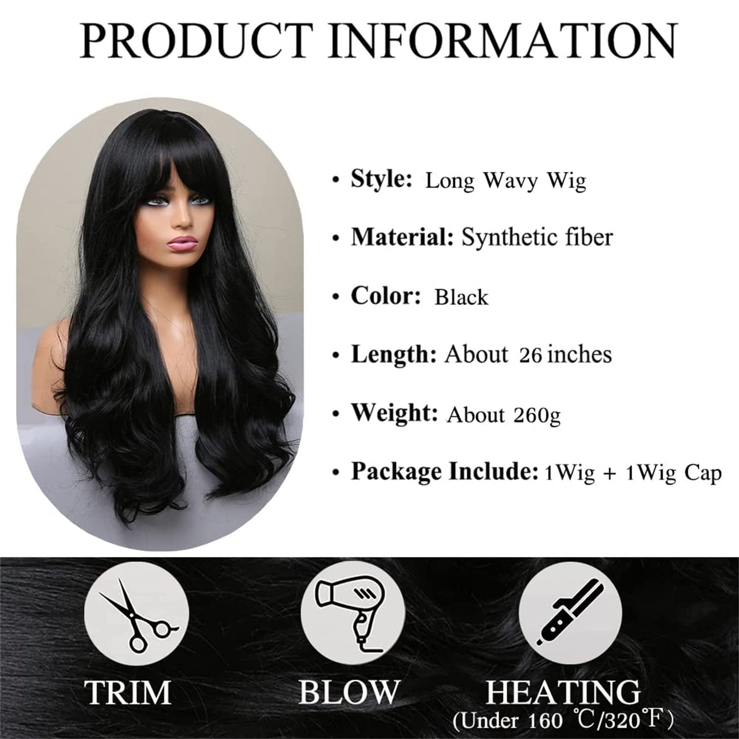 Arabest Long Wave Wigs with Bangs, Natural Curly Wavy Hair Black Color Synthetic Wigs with Neat Bangs, Can Modify Heat Resistant Weave Wigs, Women Wigs for Daily Party Cosplay