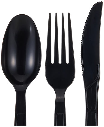 Fun Heavy-Duty Black Cutlery Set Spoons Knives Forks set Disposable Cutlery Set Plastic Cutlery Disposable Spoons Disposable Fork Plastic Spoon Heavy Duty Plastic Utensils (Pack of 18)