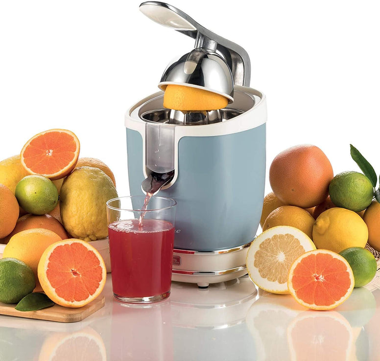 Ariete Vintage Electric Citrus Juicer 600ml, 85W, with Pressure Lever Metal body, 2 Cone Sizes, Non Drip Spout, Silent Motor, for Orange, Lemon and More - Blue Art413/05