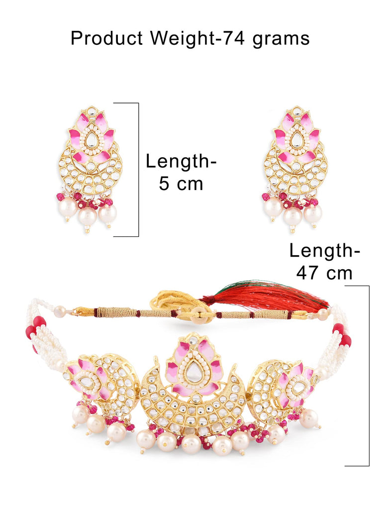 Zaveri Pearls Pink Meenakari Lotus Design Crescent Kundan & Beads Choker Necklace Earring & Ring Set For Women-ZPFK14720