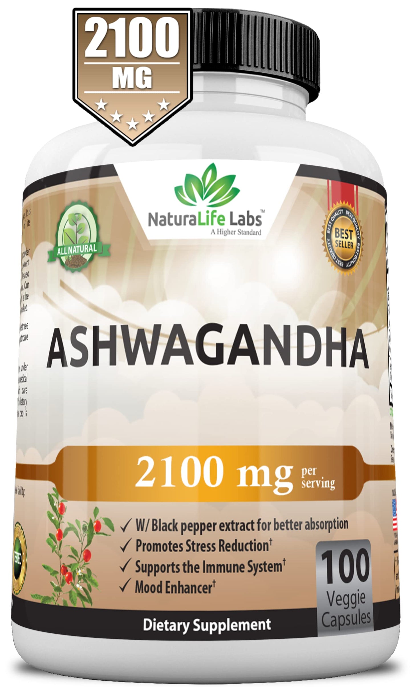 Organic Ashwagandha 2,100 mg - 100 Vegan Capsules Pure Organic Ashwagandha Powder with Black Pepper Extract - Natural Anxiety Relief, Mood Enhancer, Immune & Thyroid Support, Anti Anxiety