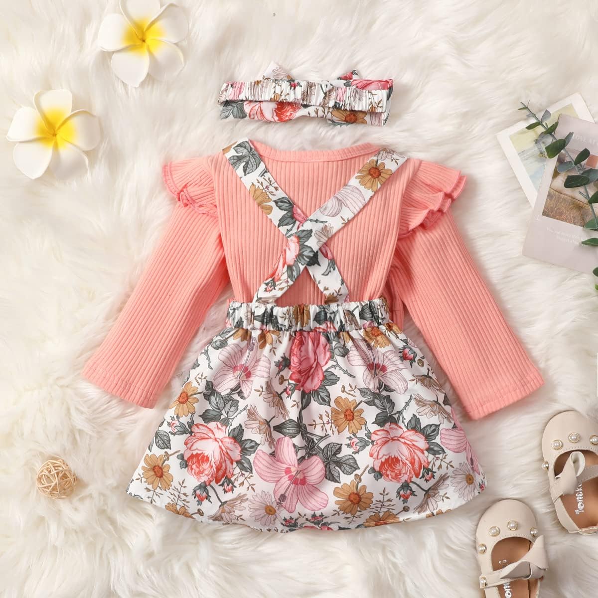 LUJENGEFA Newborn Baby Girl Clothes Floral Ruffle Long Sleeve Romper Dress Jumpsuit With Bow Headband Fall Winter Outfit Set,  for 0-3 Months