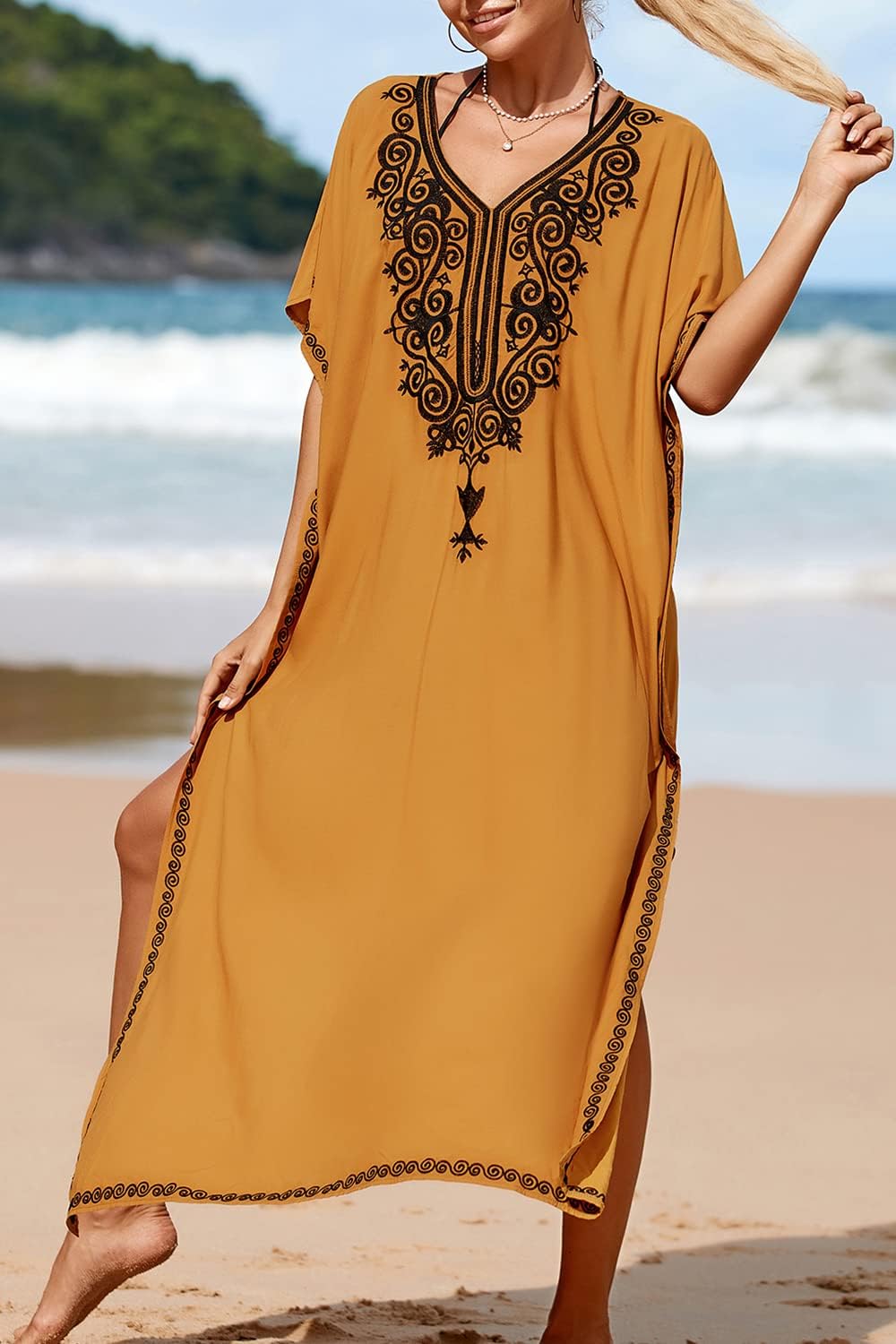 YouKD Embroidered Kaftan Dress Boho Beach Bikini Cover Up Robe Plus Size Loungewear for Women