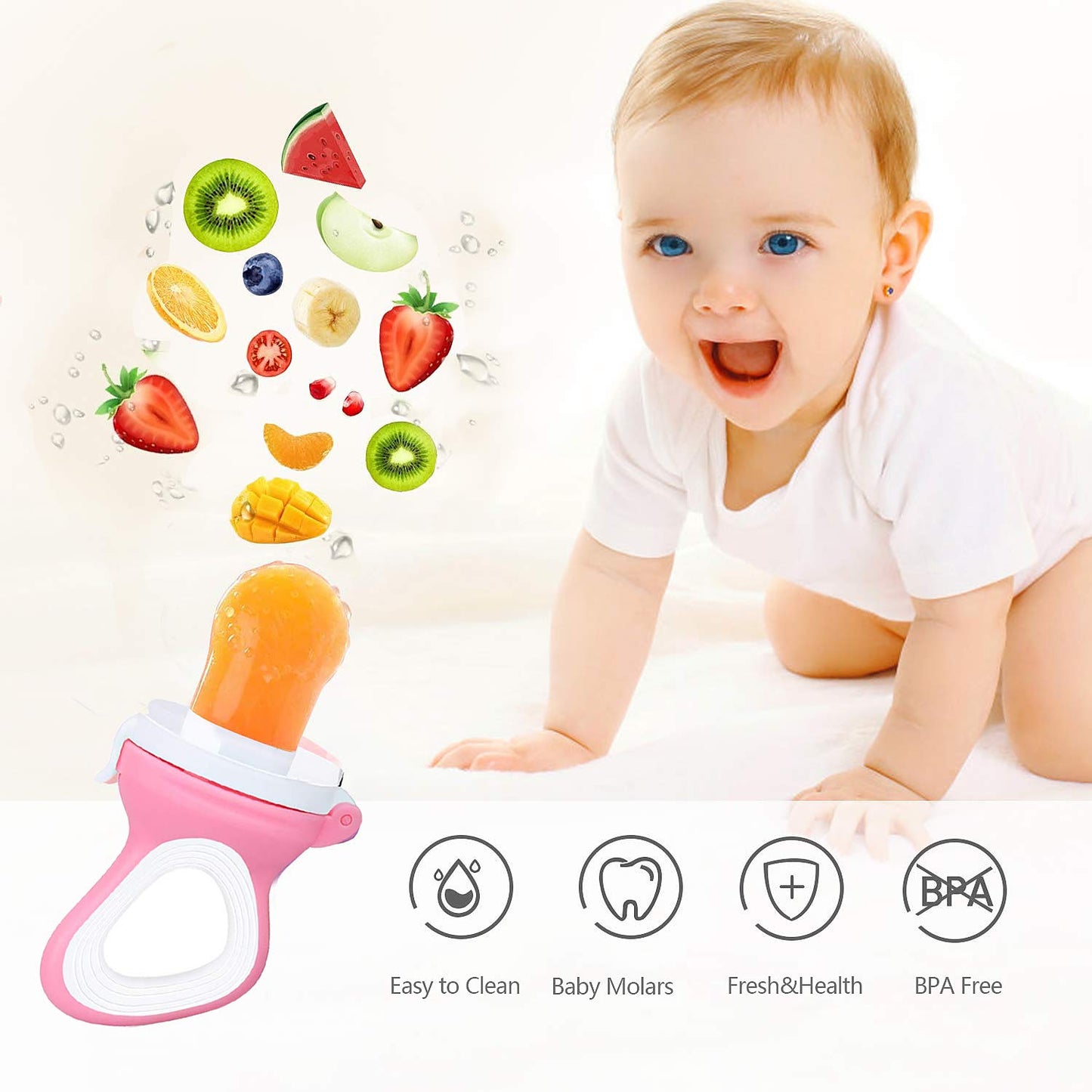 2 PCs Baby Food Fruit Feeder Pacifier with 3 PCs Replacement Silicone Pouches Fresh Food Teething Toy for Toddlers Infant