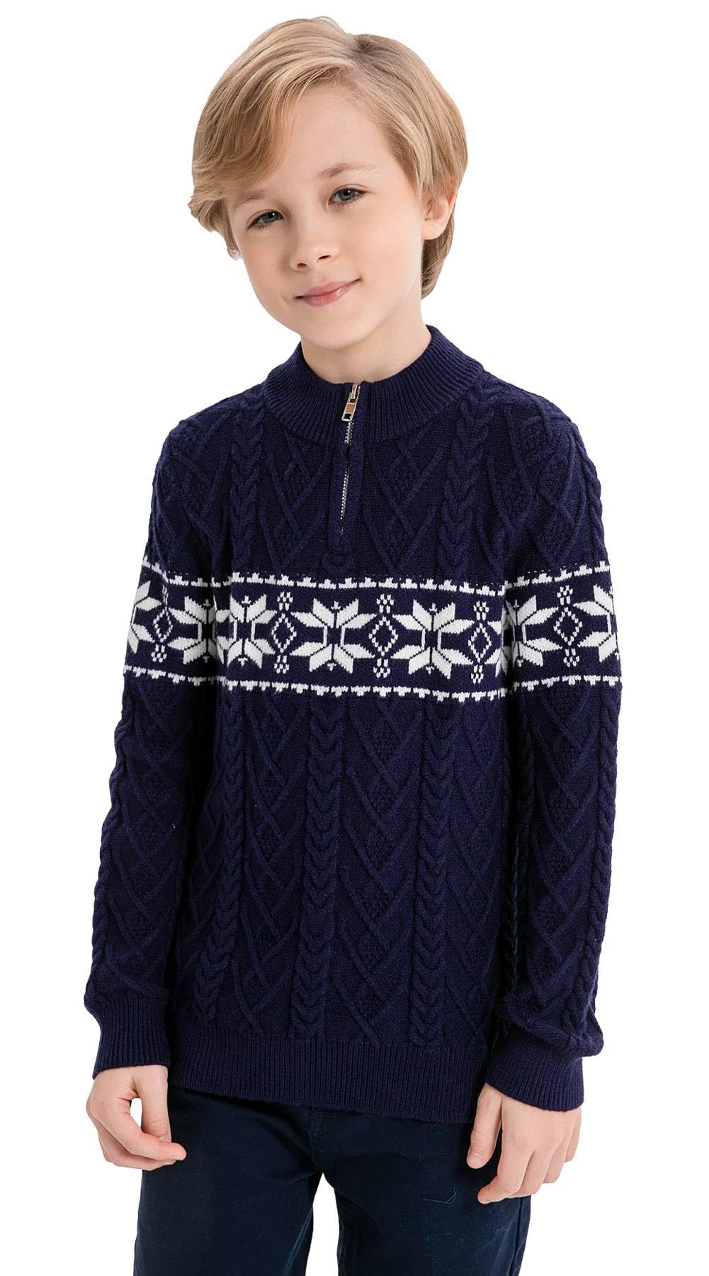SMILING PINKER Boys Christmas Sweater Cable Knit Half Zip Mock Neck Snowflake Pullover