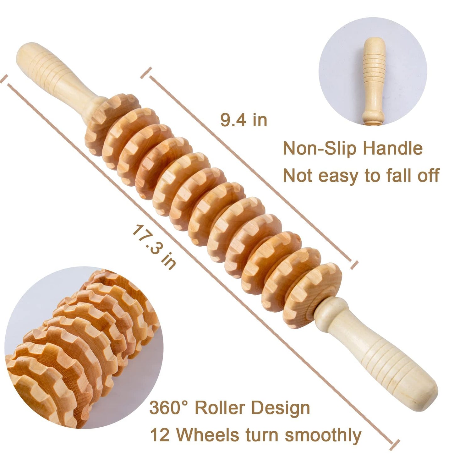 Mikako Wood Therapy Roller Massage Tools, Lymphatic Drainage Massager, Wooden Massage & Muscle Roller Stick, Handheld Cellulite Trigger Point Manual Muscle Release Roller Massager