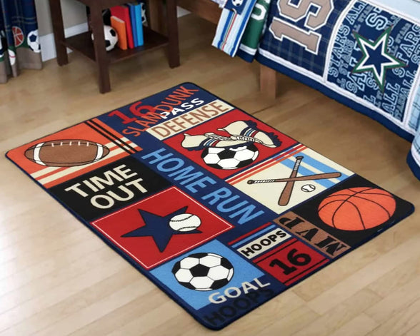 Fun Sport Kids Rugs Nylon Carpet Soccer Baseball Football Basketball with Multi-Color for Boy Girl Playroom 39''x51''