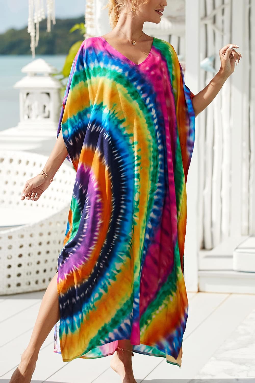 YouKD Maxi Dress V-Neck Kaftan Boho Robes Beach Cover-ups Dress Roomy Gowns for Women