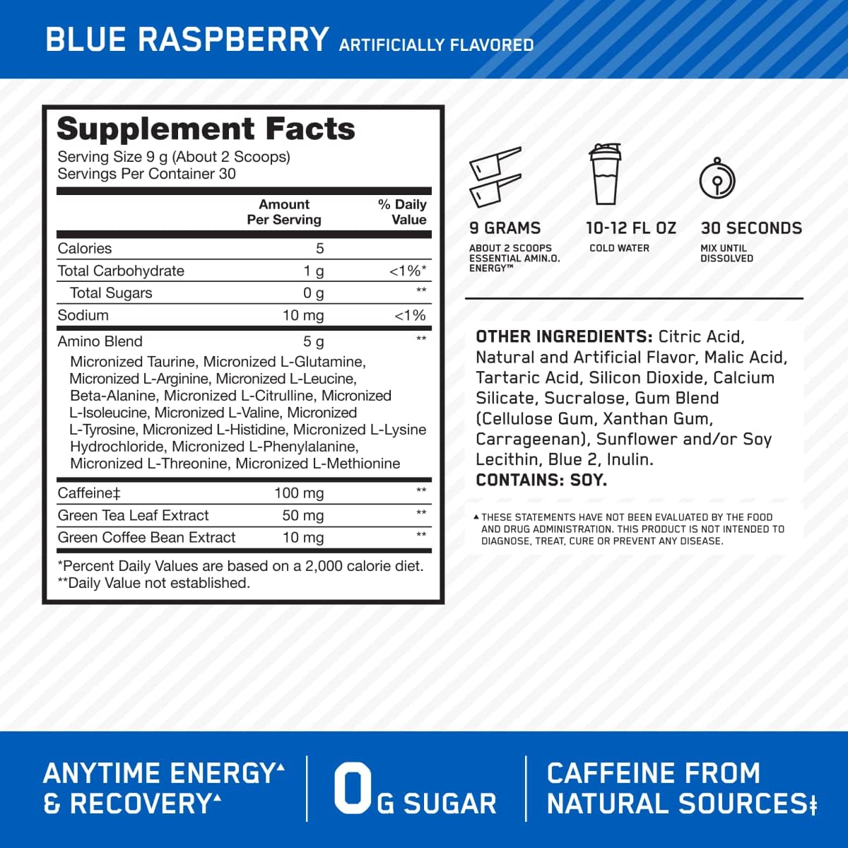 Optimum Nutrition (ON) Amino Energy - Pre Workout With Green Tea, Bcaa, Amino Acids, Keto Friendly, Green Coffee Extract, 0 Grams of Sugar, Anytime Energy Powder - Blue Raspberry, 270 G , 30 Servings