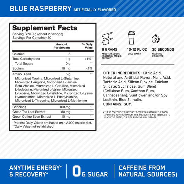 Optimum Nutrition (ON) Amino Energy - Pre Workout With Green Tea, Bcaa, Amino Acids, Keto Friendly, Green Coffee Extract, 0 Grams of Sugar, Anytime Energy Powder - Blue Raspberry, 270 G , 30 Servings